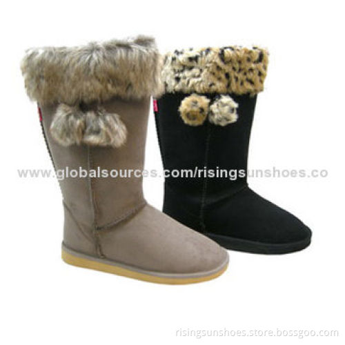 Women's dress snow boots, fake suede upper with fur edge and pompon, warm style for winter